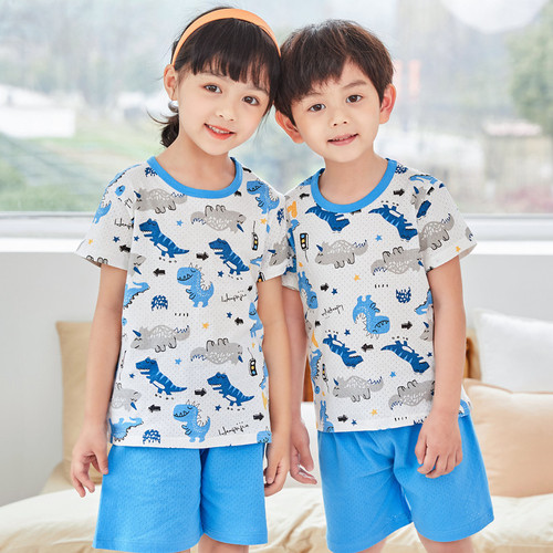 Breathable children's breathable cotton short-sleeved suit summer cartoon cotton children's home clothes breathable and comfortable mesh baby pajamas