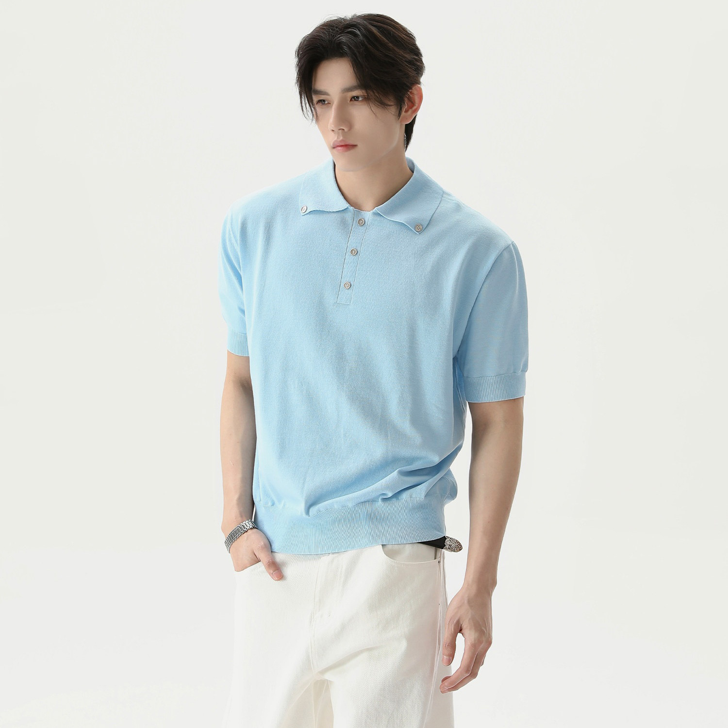 Polo camiseta de punto camiseta de manga corta botón hombre viejo dinero estilo de negocio delgado verano seda transfronteriza transpirable fábrica al por mayor