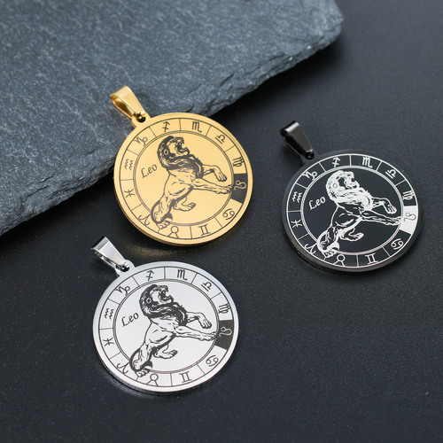 Cross-border new stainless steel bold personality twelve zodiac round pendant DIY titanium steel men's zodiac pendant