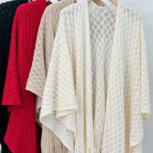 Air-Conditioned Room Office Summer Thin Knitted Shawl for Women Solid Color Versatile Plaid Tassel Outer Cheongsam Cape Trendy