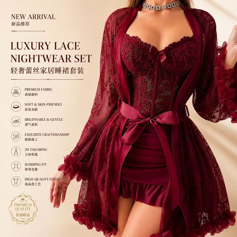 Cross-Border Small Bust Push-Up Lingerie European and American Style Burgundy Lace Nightgown Camisole Nightdress Set Women's Sexy Sleepwear Loungewear