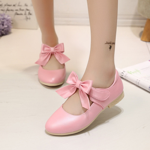 Children's 2025 Spring and Autumn Leather Shoes with Bowknot, Suitable for Middle and Older Children, Low Heel Princess Shoes