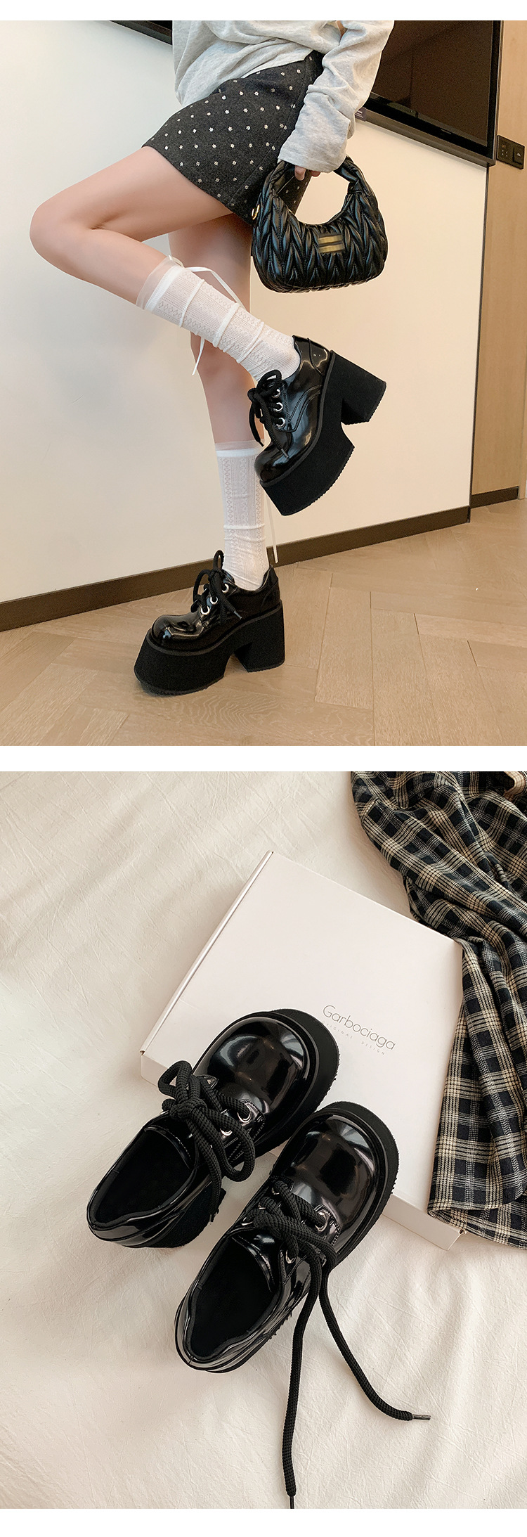 Giày loafer nữ gót vuông 10 cm đế platform dây buộc mũi sâu — màu đen chi tiết 8