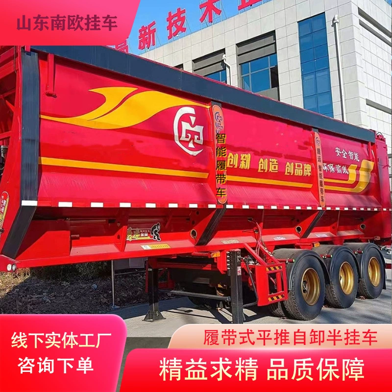 Завод-изготовитель прицепов-тягачей производит интеллектуальные и эффективные транспортные полуприцепы-самосвалы с плоской платформой на гусеничном ходу.