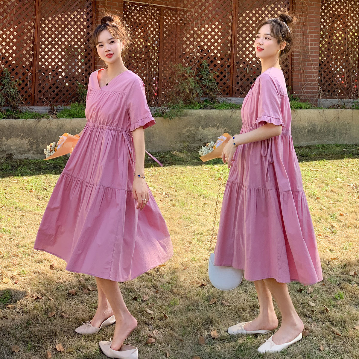 fashion Solid Mid length version pregnant woman Dress 2021 summer new pattern Korean Edition Waist Frenum maternity dress