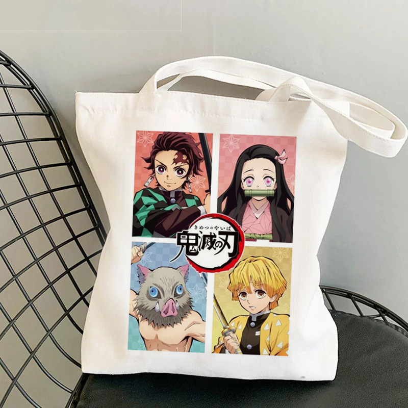 Comercio exterior transfronterizo Demonio Slayer anime impresión bolsa de lona, bolsa de hombro, bolsa de moda, bolsa de compras