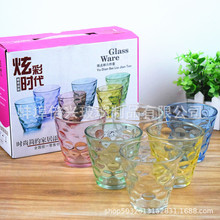 家用炫彩玻璃杯碗套裝雨點杯六件套珠點碗彩虹水晶杯廣告店慶禮品