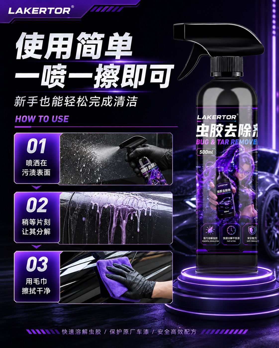 Lakertor Shellac Remover Car Cleaner Oil Film Remover Car Wash Liquid Maintenance Agent