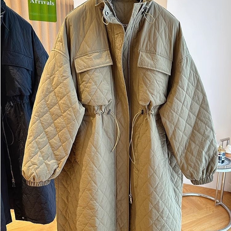 2025新款欧货宽松休闲抽绳收腰中长款棉服冬季风衣大衣夹棉外套女
