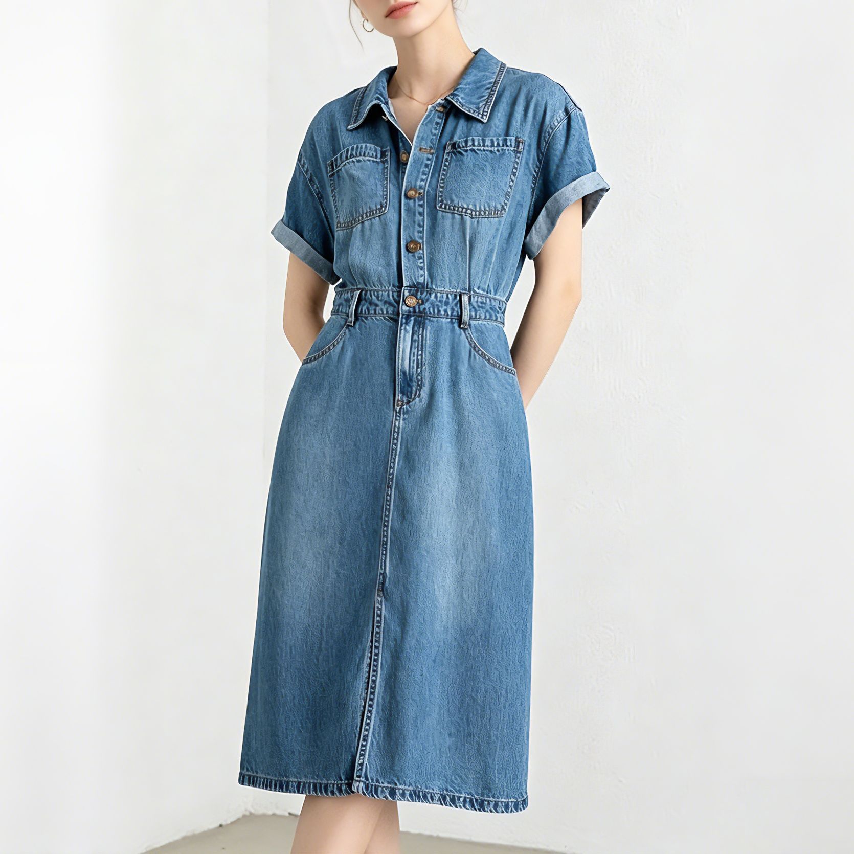 Đầm maxi nữ thắt eo chất liệu denim phối tơ acetate mềm mại, không bí bách — xanh lam chi tiết 1
