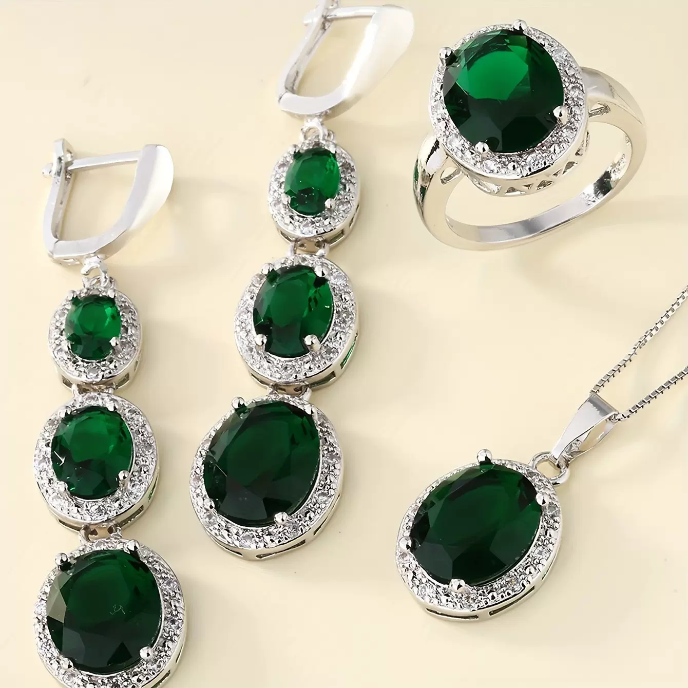 欧美时尚祖母绿宝石首饰套装女款项链耳环戒指三件套批发新款