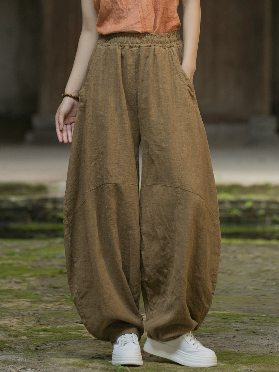 Демисезонные штаны, ретро-фонарик, Oversize, хлопок и лен