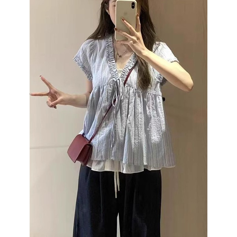 Áo sơ mi nữ giả hai mảnh tay ngắn sọc mỏng form rộng — Màu xanh lam