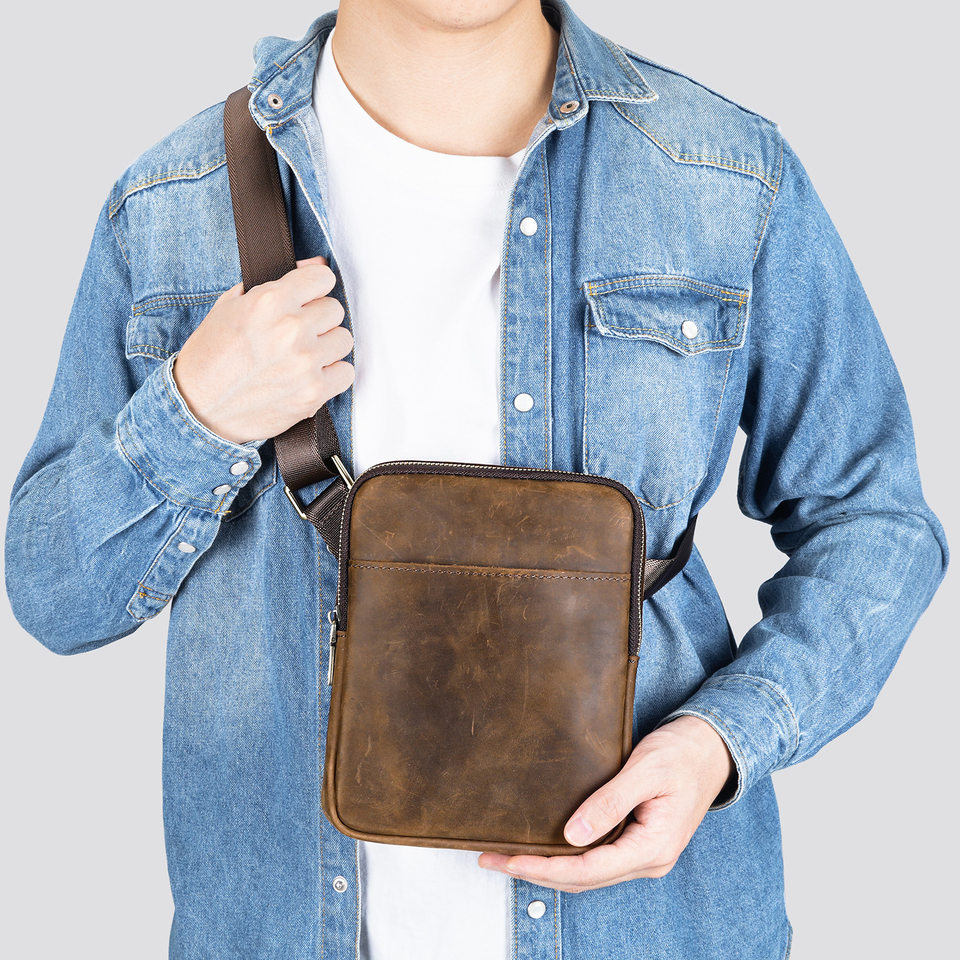 Túi đeo chéo nam da bò cao cấp 17×3×21,5 cm — 6124 Đen (hoa văn vải), Cà phê, Màu nâu sẫm, màu nâu