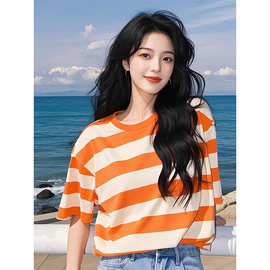 时尚橙色条纹短袖恤女夏今年新款韩系穿搭超好看绝美休闲上衣潮