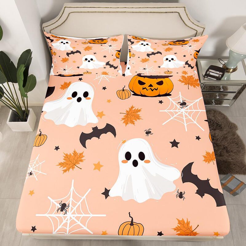Cross-Border Three-Piece Fitted Sheet Set Halloween Theme Ghost Bat Fitted Sheet Bedding Set for Adults and Children