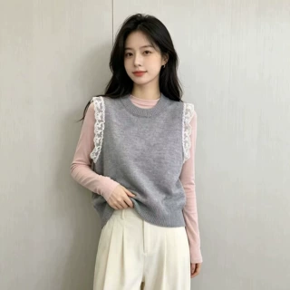 韩系蕾丝拼接无袖针织马甲背心女春秋季新款圆领毛衣短款坎肩上衣