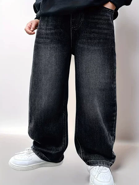 Children's Retro Jeans, Stylish Boys' Pants for Spring and Autumn, Trendy Wide-Leg Pants for Older Kids, Fashionable Straight-Leg Pants