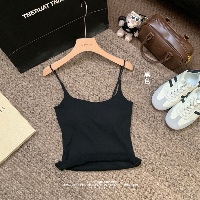 跨境新款纯棉珍珠蛋白纯棉背心女细肩带一体式带胸垫美背上衣|undefined