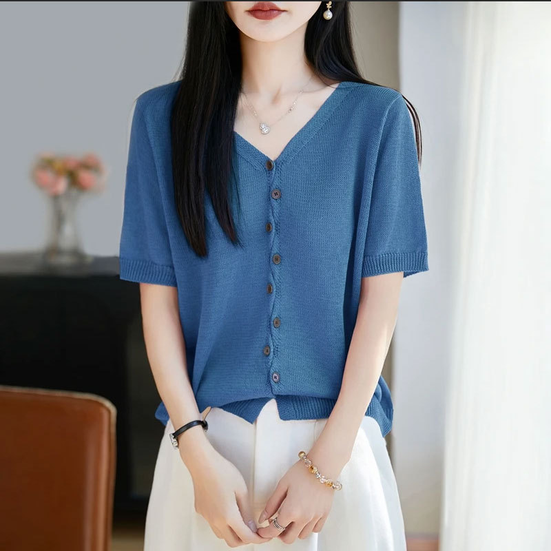 2026 Summer Fashion Loose V-Neck Button Short-Sleeve T-Shirt Korean Style Tencel Knit Cardigan Versatile Slimming Top for Women