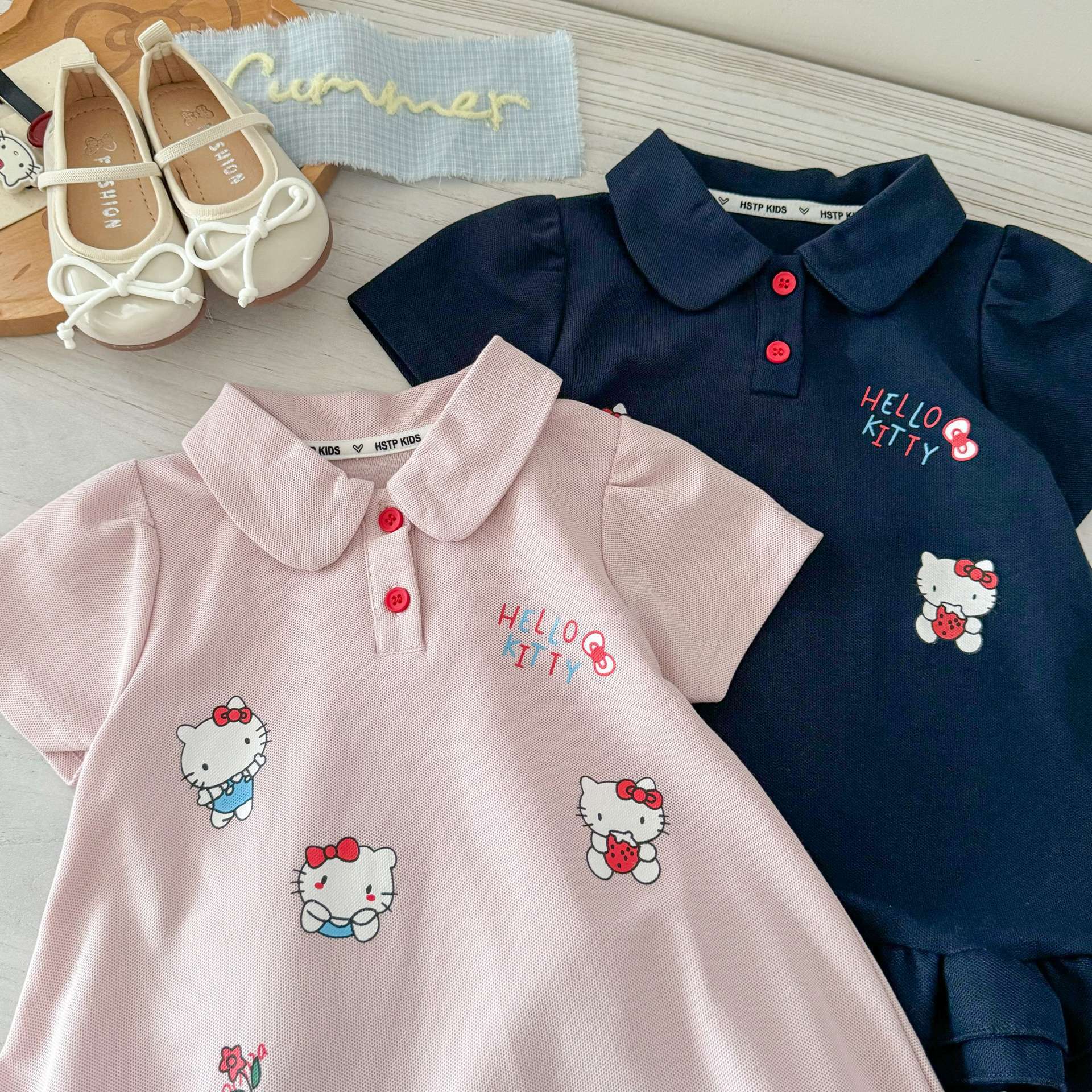 Vestido de verano Sweet Xiaosi para niñas, estilo coreano, moderno, con bordado de gato, para bebés, estilo preppy, con cuello de muñeca y manga corta.