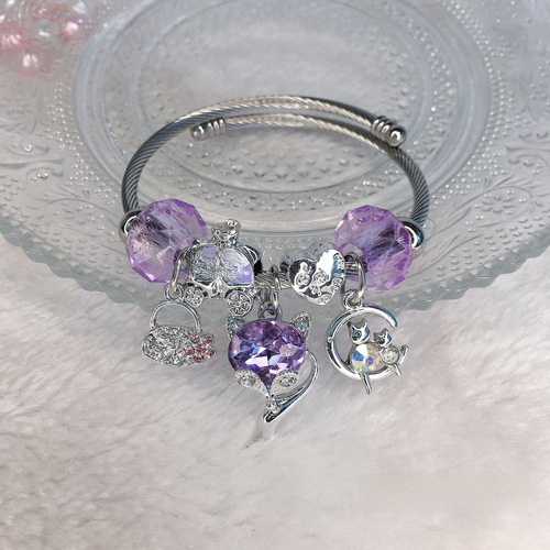 Pan's Cross-border New Butterfly Teddy Bear Bracelet with Lilac Rabbit Crystal Live Streaming Accessory Electroplated Decorative Accessories Wholesale
