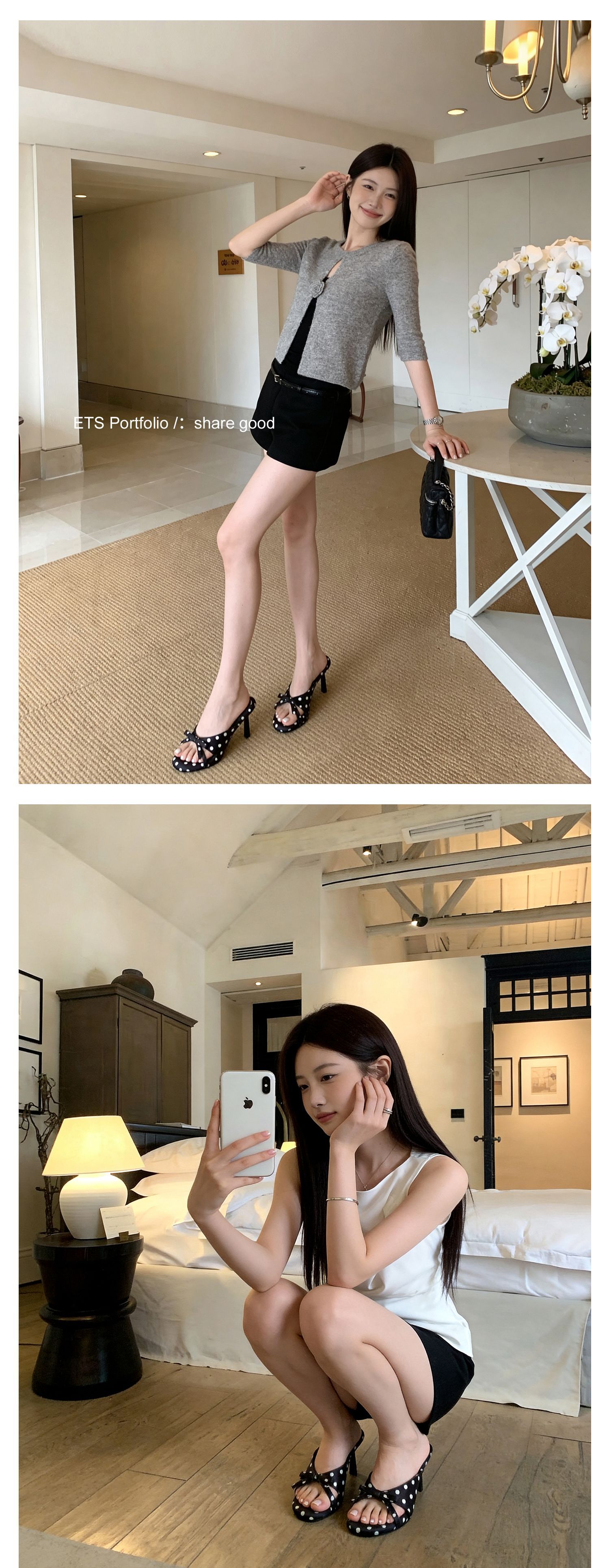 Sandal cao gót nữ hở mũi phong cách Pháp, chất liệu satin họa tiết chấm bi/chấm sóng, gót nhọn 9 cm — Điểm sóng đen, Trang chủ, Điểm sóng trắng chi tiết 11