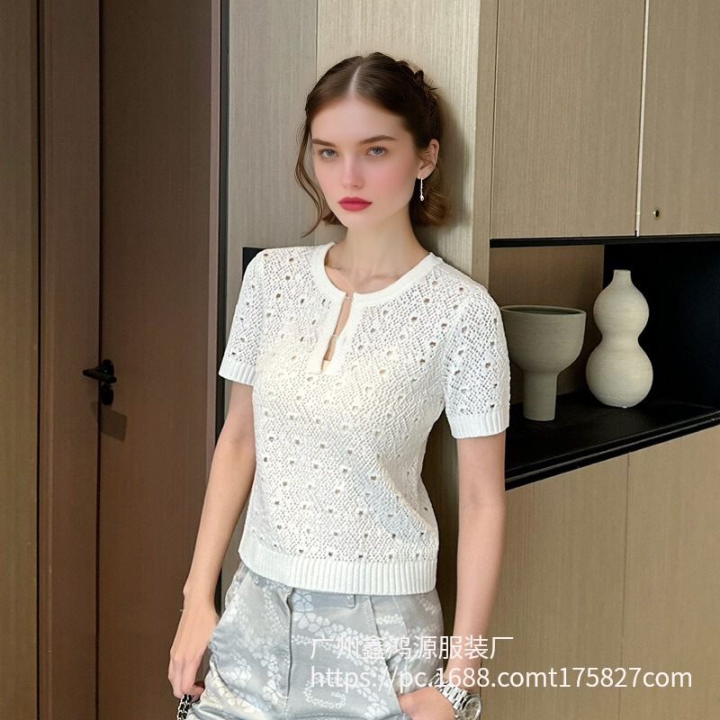 2025 New Summer Style Elegant Elegant Cut Out Crochet Breathable and Comfortable Short-Sleeved Knitwear Women's Short High Quality