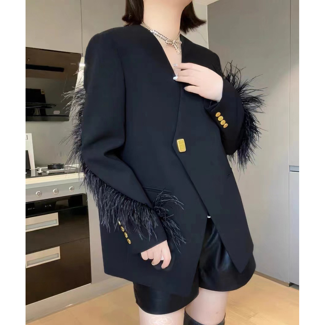European Station 2024 Early Spring New Niche Elegant Ladies Style Ostrich Hair Stitching V-neck Long Sleeve Suit Jacket for Women