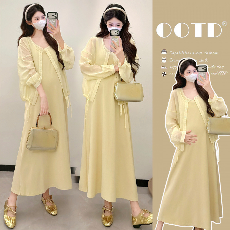 Maternity Dress, Spring Fashion, New Style, High-End Outfit for Pregnant Mothers, Spring and Summer Korean Style Cardigan, Vest, Skirt