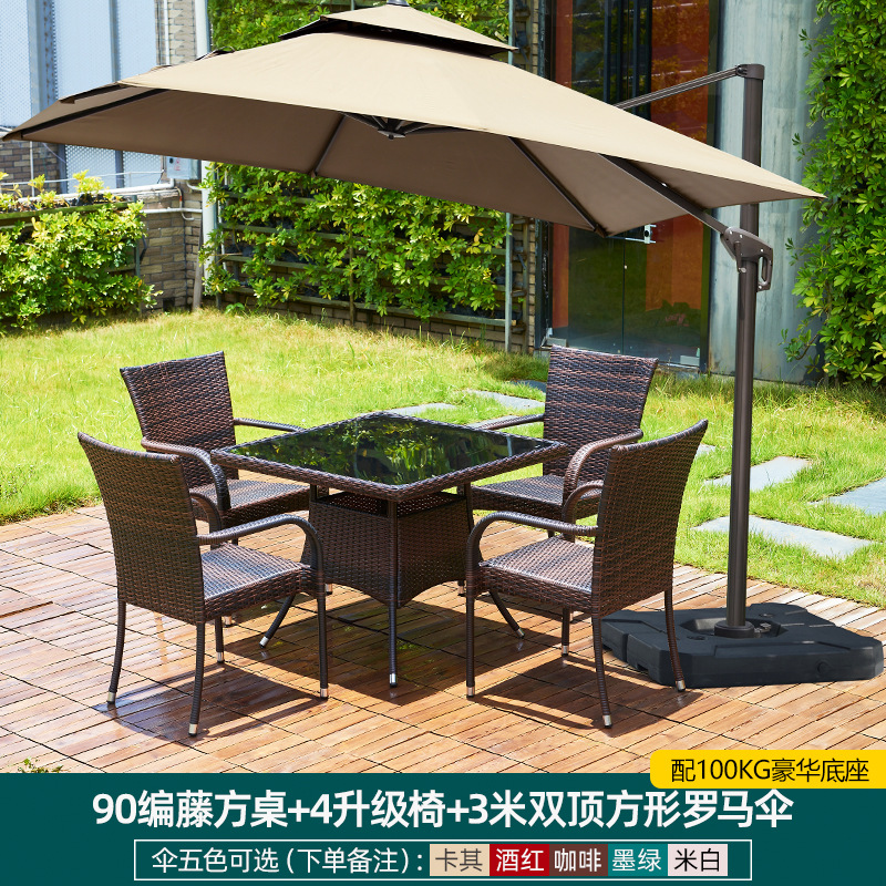 90개의 등나무 사각 테이블 + 업그레이드된 의자 4개 + 이중 상단 사각형 로마 우산 3m개(무료 쿠션)