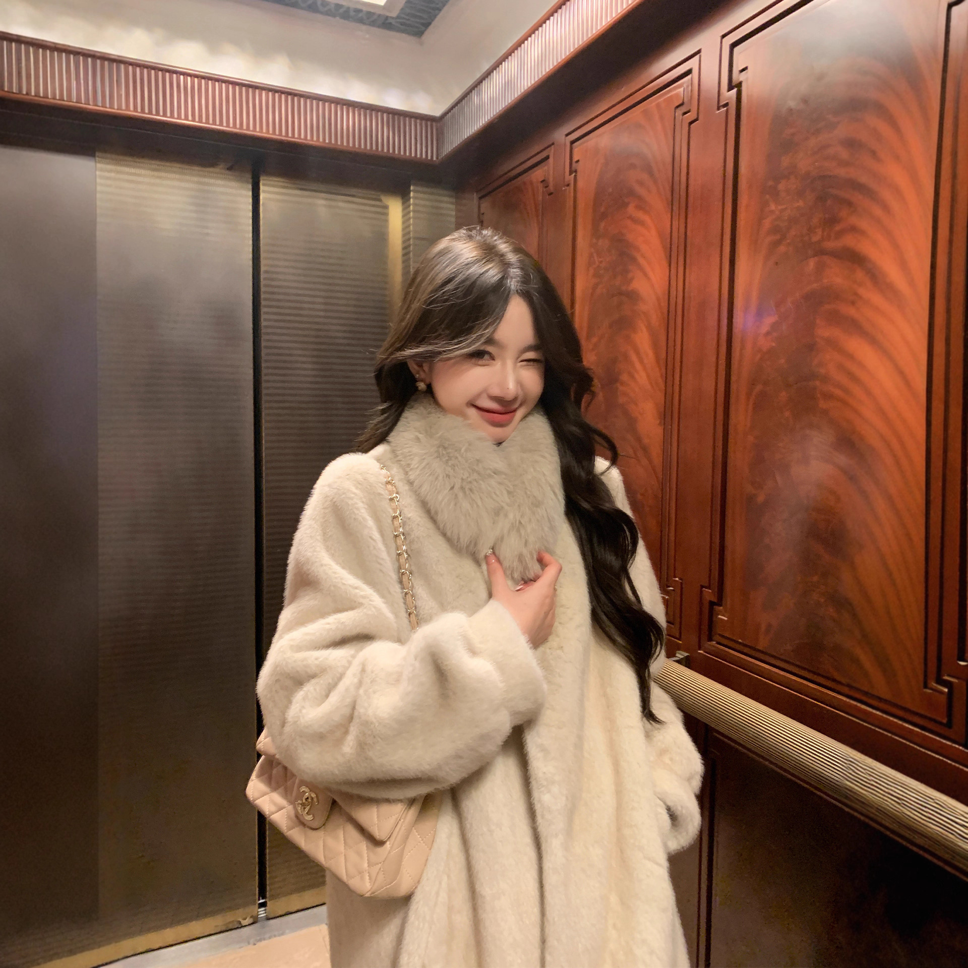 寒江雪 仿狐狸毛领仿水貂毛皮大衣女冬新款环保皮草毛毛外套长款