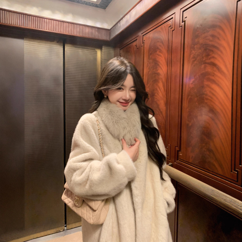Hanjiangxue Faux Fox Fur Collar Faux Mink Fur Coat Women's Winter New Eco-Friendly Fur Coat Long Style
