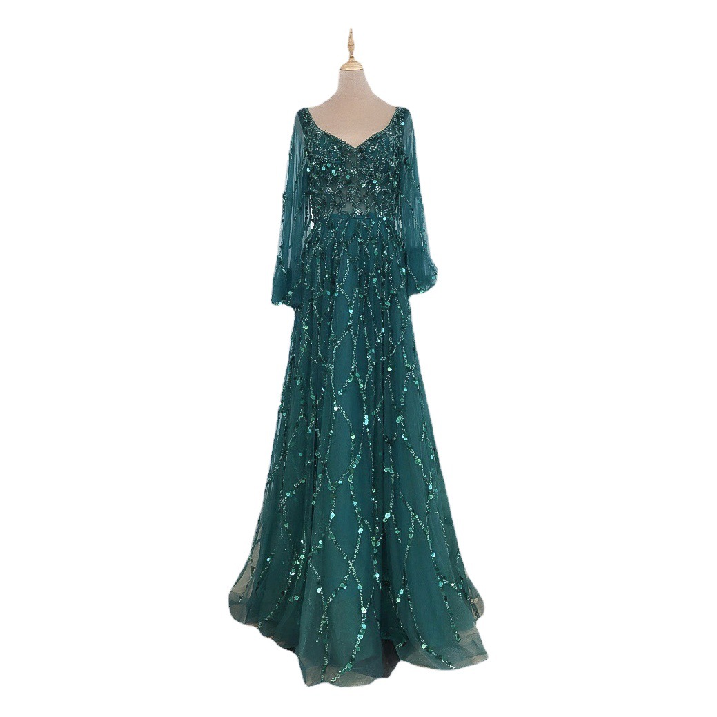 2025 transfronterizo nuevo estilo dorado industria pesada abalorios vestido de noche de lujo dama sexy aura reina falda larga DQ7109 image 1