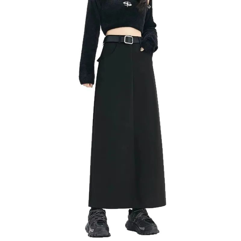 黑色西装半身裙女2025春秋季新款高腰长款a字裙显瘦开叉长裙子|undefined