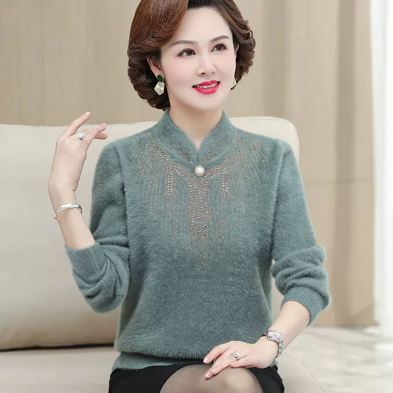 Осенне-зимняя нижняя рубашка в иностранном стиле для мам среднего и пожилого возраста, свитер на флисовой подкладке, рубашка с норковым бархатом, утолщенный свитер с воротником чонсам