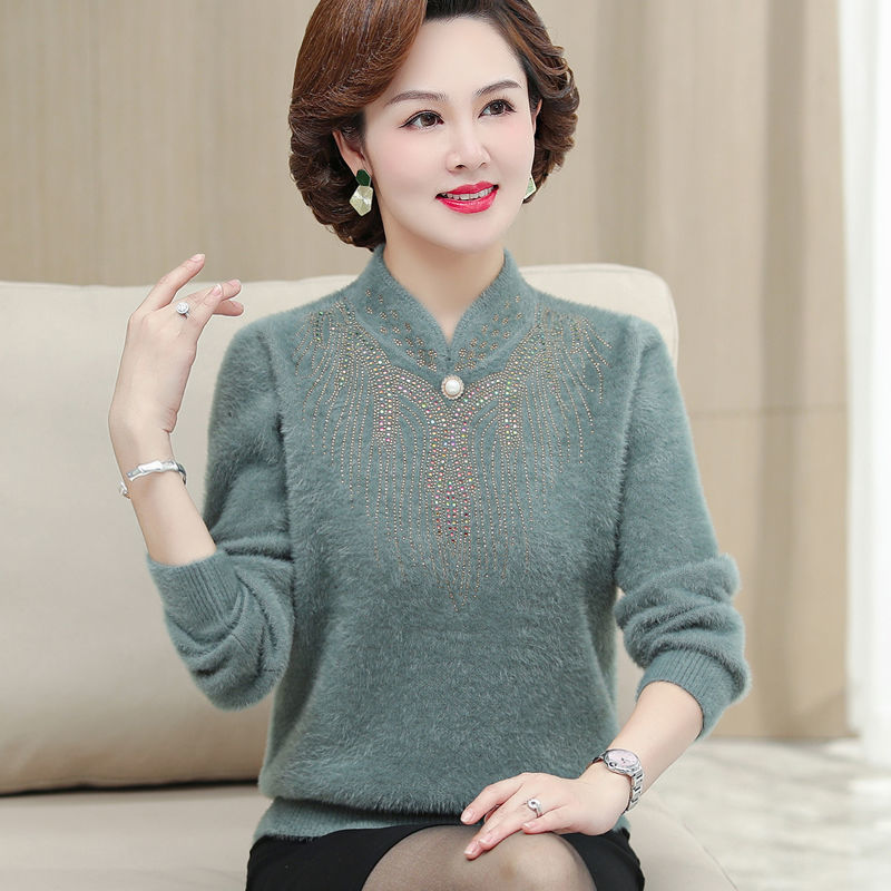 Autumn and Winter western style bottoming shirt for middle-aged and elderly mothers fleece-lined sweater mink velvet bottoming shirt thickened cheongsam collar sweater