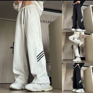 Spring and Autumn Loose All-match Straight Leg Grey Heavy Couple Sweatpants Men's Drawstring Striped High Street Casual Sports Pants
