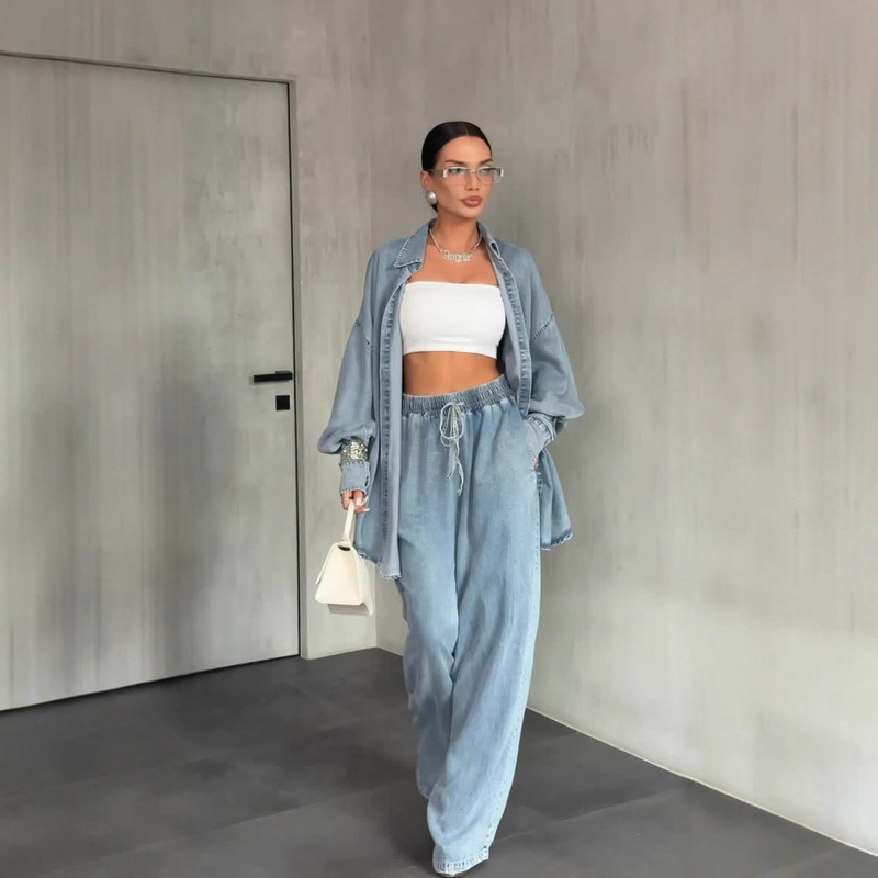 2025 Cross-Border European and American Export Fashion Women's Clothing Amazon Denim Long-Sleeved Button Wide-Leg Casual Pants Commuter Suit 2025 Cross-Border European and American Export Fashion Women's Clothing Amazon Denim Long-Sleeved Button Wide-Leg Casual Pants Commuter Suit