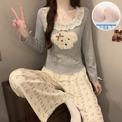 带胸垫睡衣女春秋季新款人棉长袖长裤韩系花边卡通休闲家居服套装