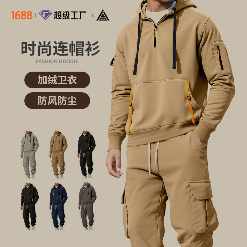 Nuevo otoño y invierno transfronterizos para hombres con camisetas de camisa de moda con capuzas con cremallera multi-bolsillo Cahat conjunto de pantalones de trabajo