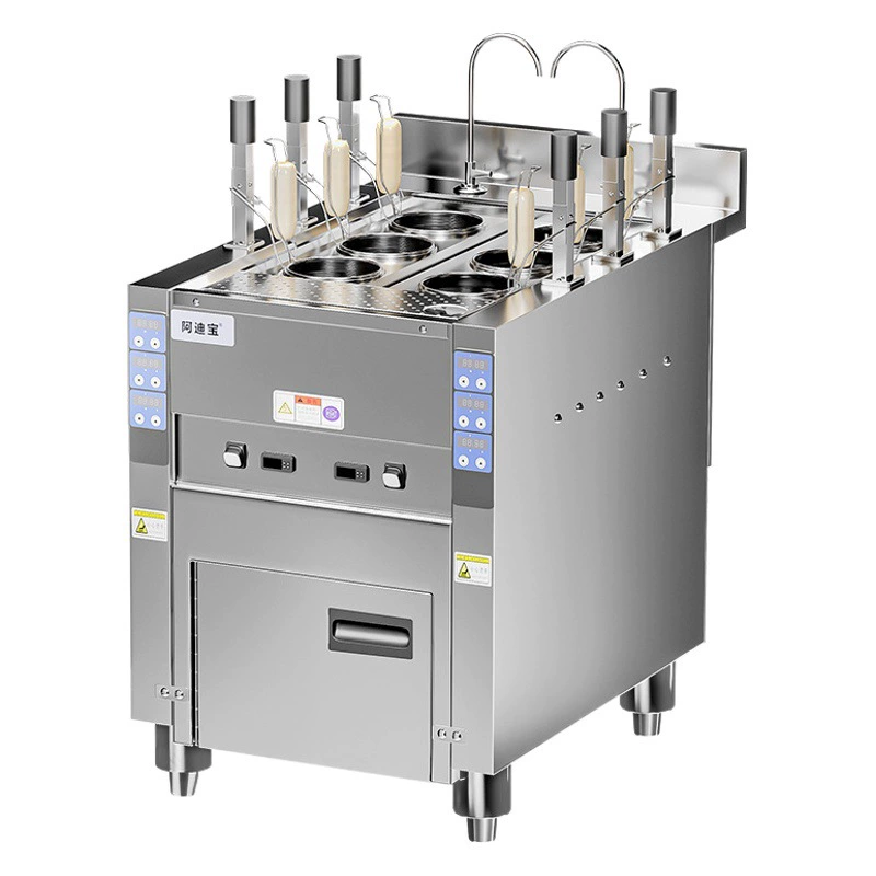 Полностью автоматическая регулируемая плита для приготовления лапши и супа со встроенным столиком для специй, автоматическим подачей воды и газовым поджигом.