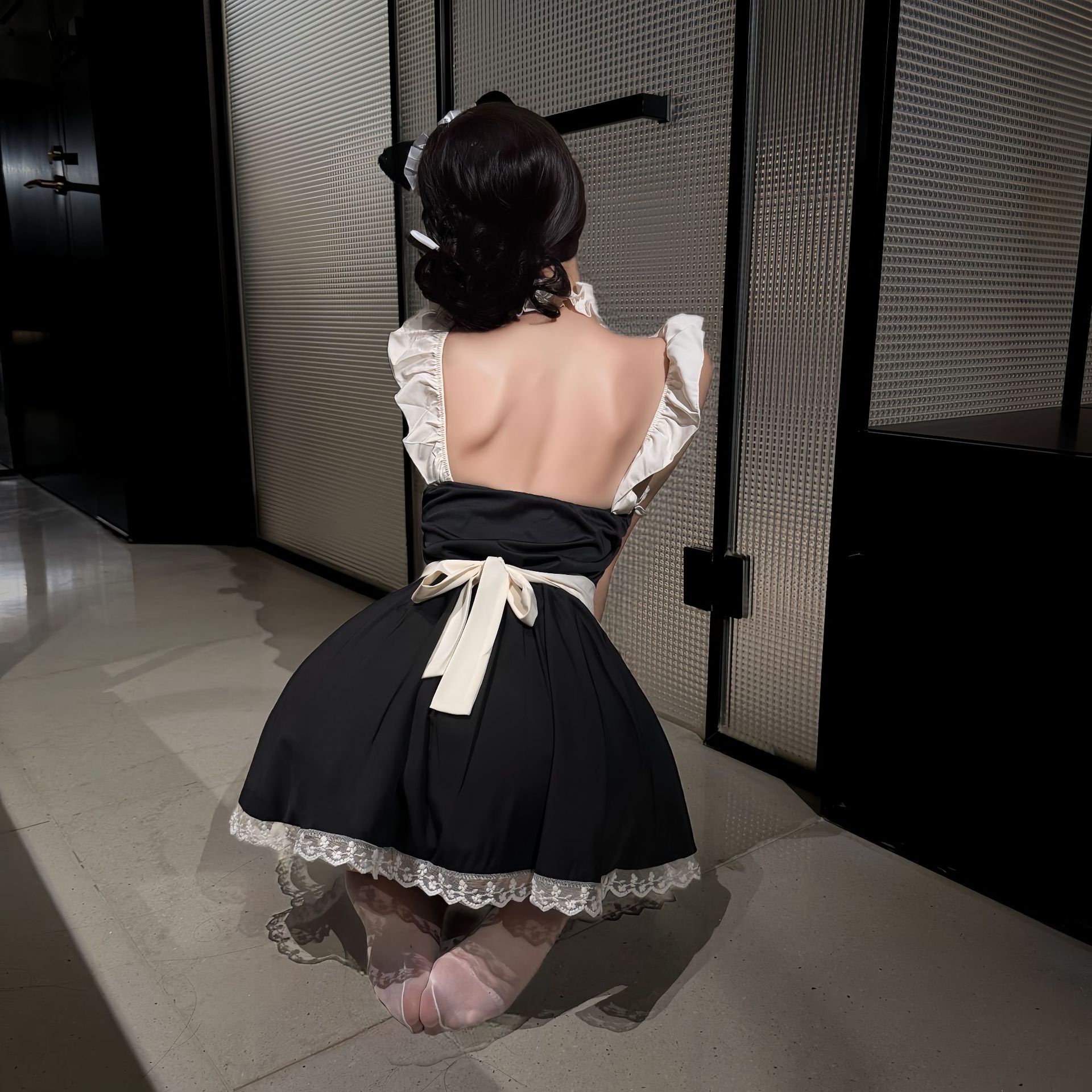 Sexy Maid Lingerie Set with Cat Ears and White Thigh-High Stockings — detail image 4