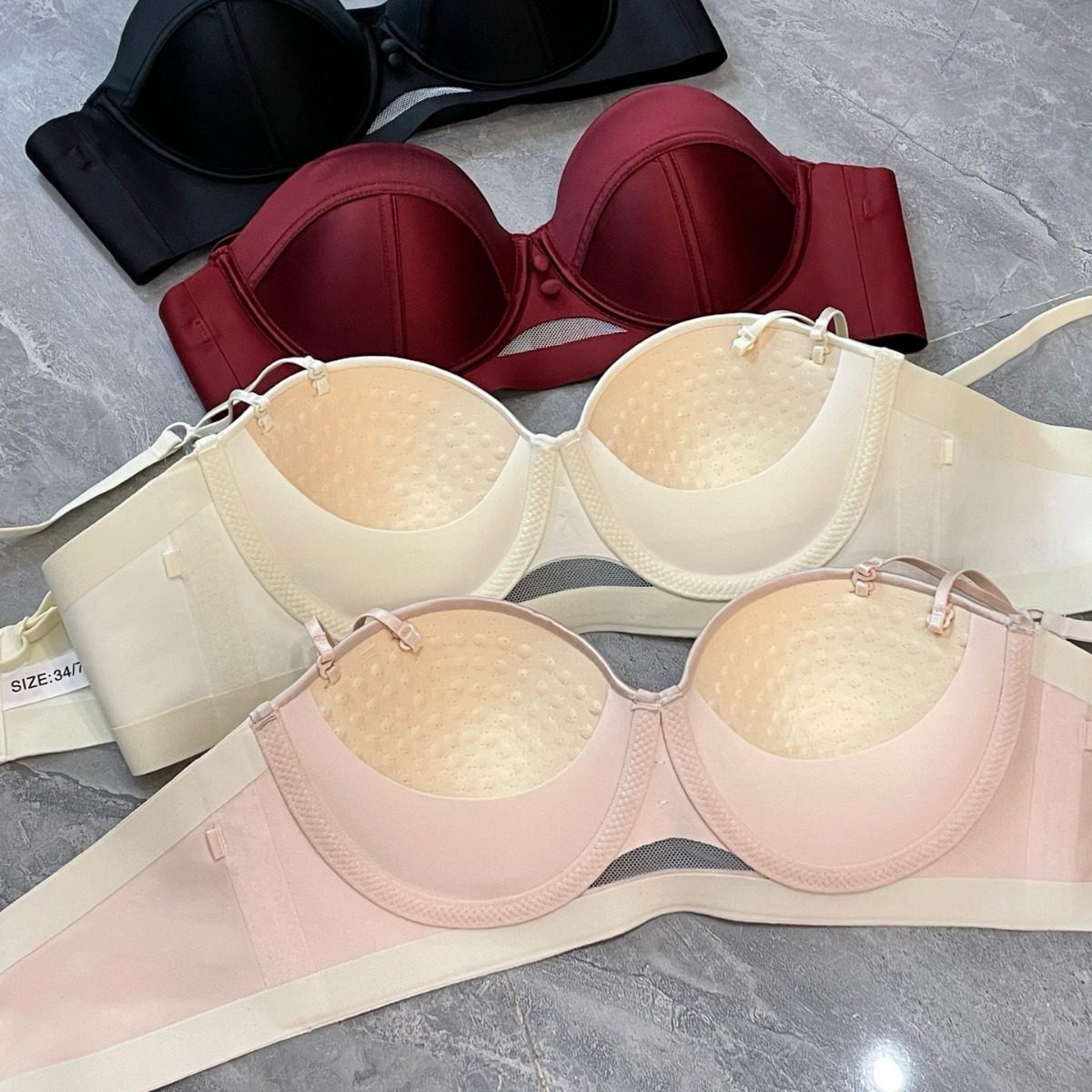 2898 Taza de masaje de pecho pequeño de satén nacarado de alta gama francesa, ropa interior súper fruncida, sujetador anti-flacidez superior para mujer