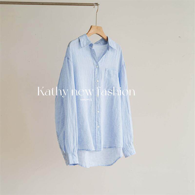 Natural 100% Linen Lightweight Shirt for Women, Summer Top, Sky Blue Long-Sleeved Shirt, Women's Sun Protection Shirt