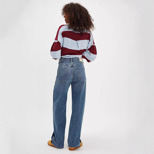 Factory direct sale European and American style new color-blocked washed straight-leg jeans, contrasting high-waisted casual loose wide-leg pants for women