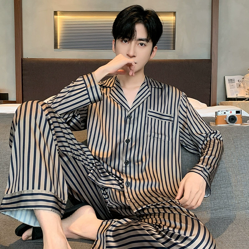 Лето 2023, новый кардиган из ледяного шелка, тонкий мужской повседневный полосатый костюм с длинными рукавами, домашняя одежда A1-501