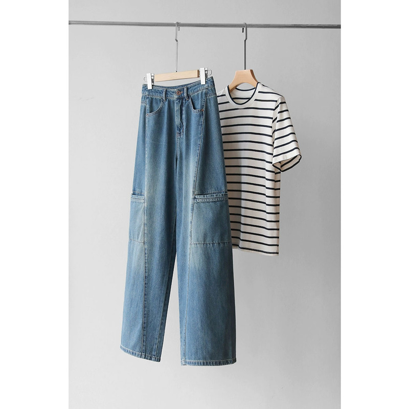 Yuppie! American Style Retro Large Pocket Turkish Denim Pure Cotton Slim Wide Leg Jeans Trousers Women's Spring