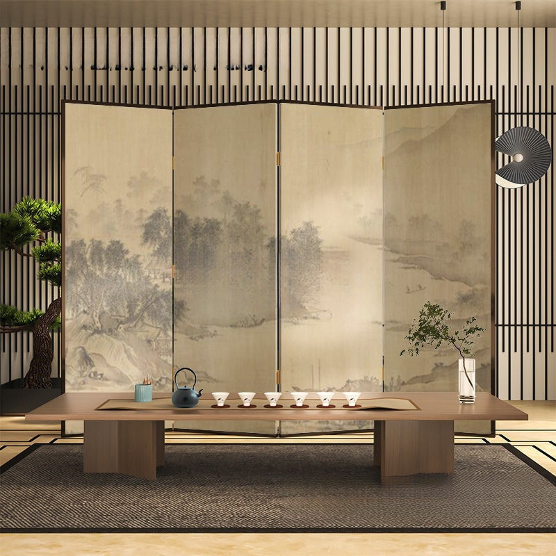 Modern Chinese-Style Retro Landscape Screen Partition for Entrance, Living Room, Artistic Tea Room, Folding Mobile Screen