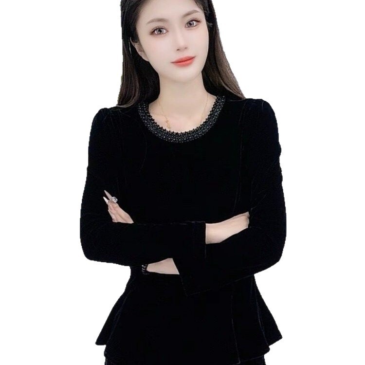 一件代发直播爆款2025秋季新款时尚圆领气质女装丝绒长袖打底衫|undefined